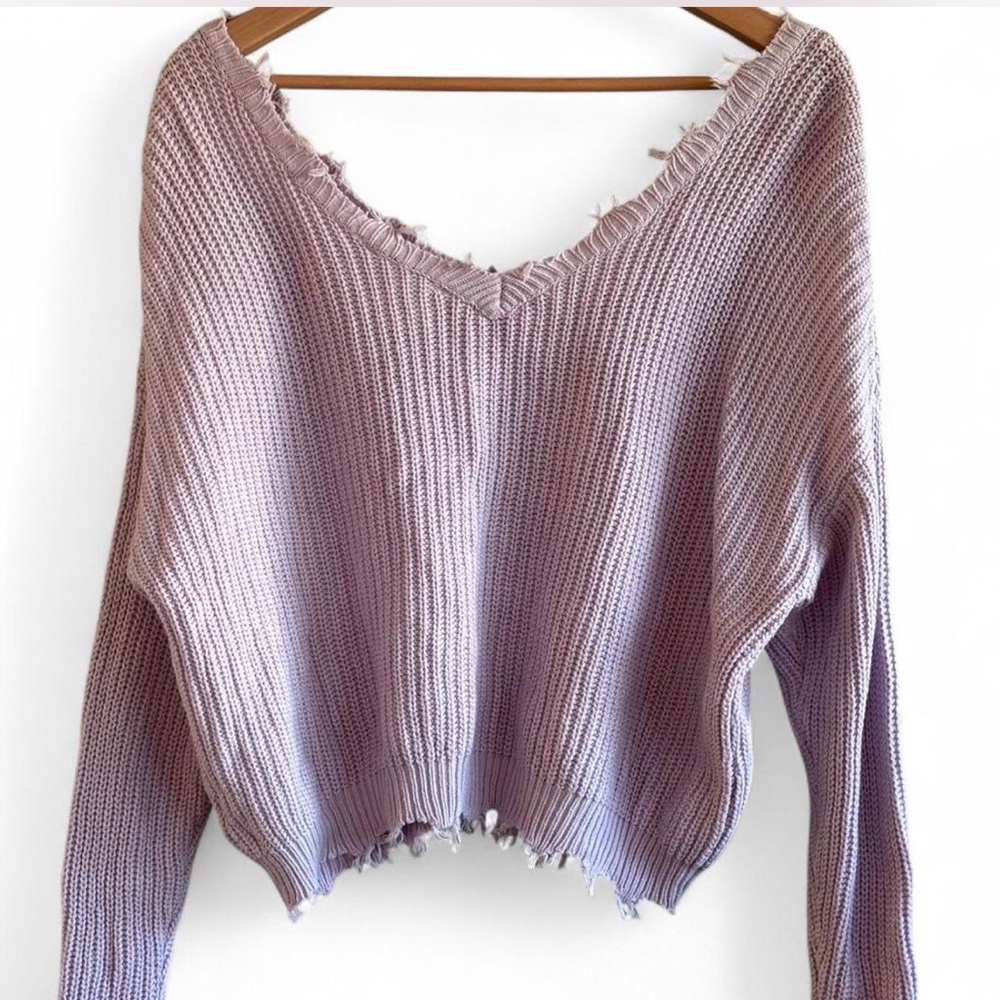 Jessica Simpson Dusty Lavender Distressed V-Neck Boho‎ Sweater M